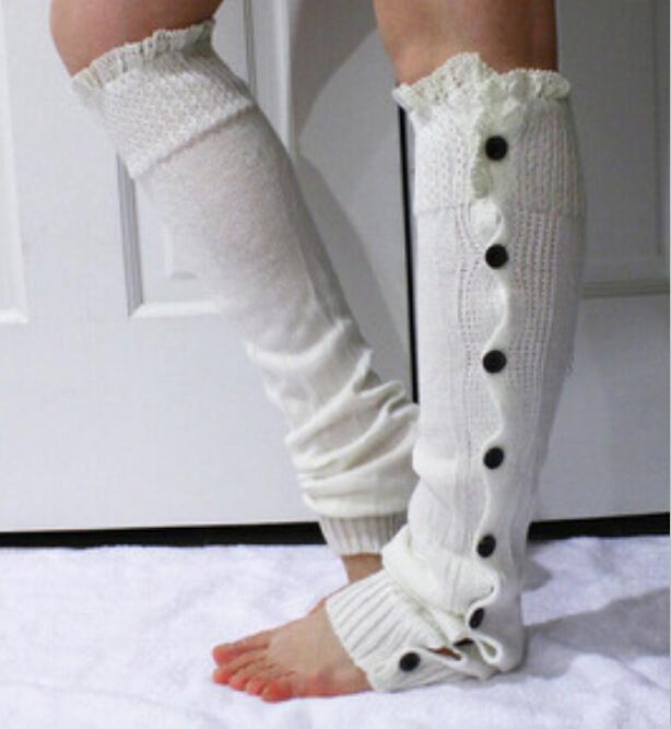 Autumn Winter Female Flat Buttons Lace Leggings Warm Socks Boot Covers Sets